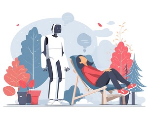 Woman relaxes outdoors in a comfy chair with a robot nearby nature scene AI technology