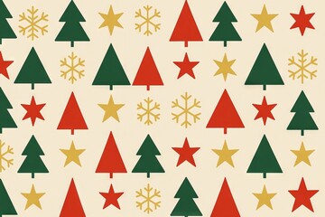 Festive geometric pattern with christmas trees, stars, and snowflakes in red, green, and gold. concept of holiday celebration, winter decor, christmas decoration