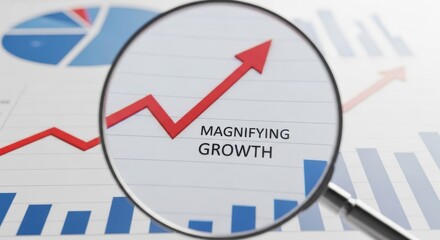 Magnifying glass over red arrow graph showing increasing growth on financial charts business