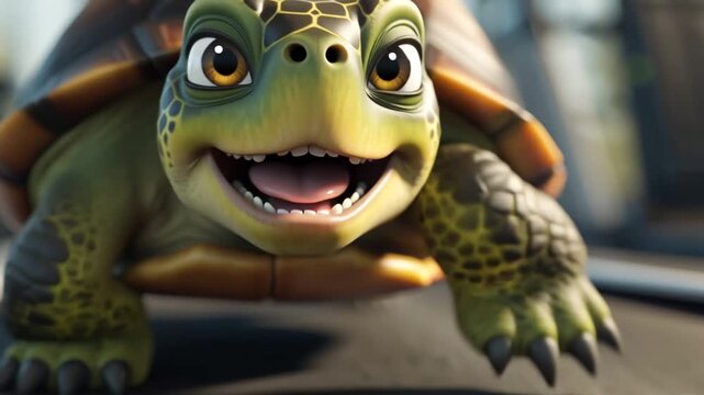 cute adorable cartoon turtle running on treadmill in gym