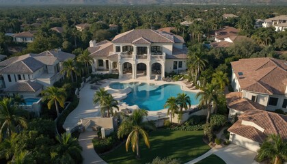Aerial view of luxury property in rich green plants. Large pool with blue water, surrounded by white buildings with brown roofs, balconies, windows. Palm trees, vegetation, serene landscape create