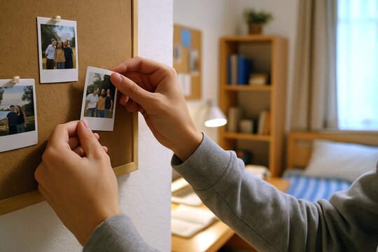 Person pinning polaroid photographs onto a corkboard in a cozy bedroom setting. concept of personal memories, home decor, and nostalgic moments captured in instant photos.