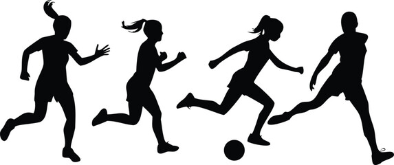 Female Soccer Player Silhouettes Vector Set, Action Poses with Ball