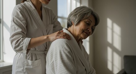 Therapist giving shoulder massage elderly woman spa wellness center. Professional healthcare treatment relaxation concept. Medical therapy services banner