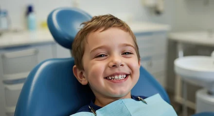 Fotobehang Tandarts Smiling boy dental chair blue bib dentist office. Pediatric oral health care treatment concept. Medical dental services banner  © NN AI