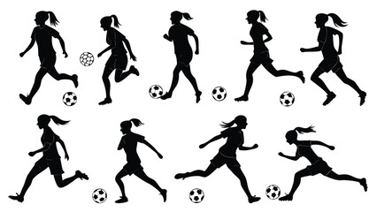 Female Soccer Player Silhouettes Vector Set, Action Poses with Ball