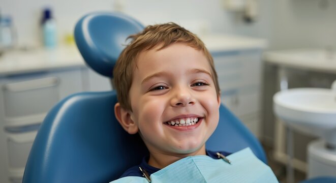 Smiling boy dental chair blue bib dentist office. Pediatric oral health care treatment concept. Medical dental services banner - Powered by Adobe