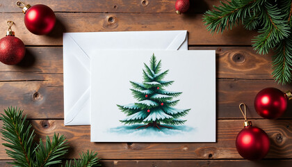 Christmas card featuring decorated pine tree and red ornaments  