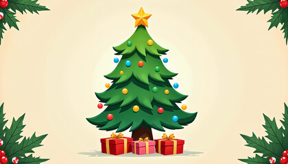 Christmas tree decorated with ornaments and presents below on beige background  
