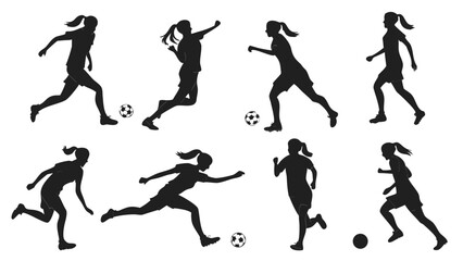 Female Soccer Player Silhouettes Vector Set, Action Poses with Ball