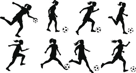 Female Soccer Player Silhouettes Vector Set, Action Poses with Ball