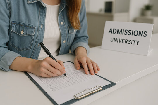 Woman filling out university application form at an admissions office. concept of education, academic enrollment, application process in higher education.