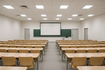 Fototapeta premium Modern university lecture hall with empty desks and chairs facing blackboard and projection screen. concept of academic education, lecture room, learning environment