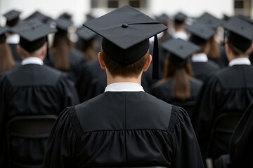 Graduate in cap and gown at ceremony, back view among graduates seated in rows. concept of academic achievement, higher education milestone, graduation ceremony.
