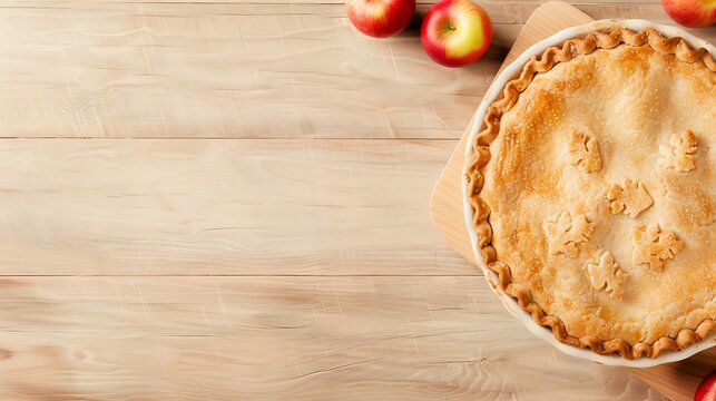 Golden baked apple pie with fresh apples on wooden table