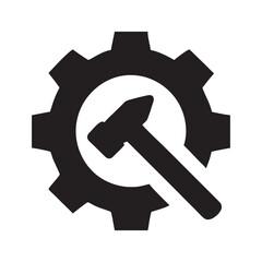 Industrial hammer and gear silhouette logo design with bold lines and a strong mechanical feel
