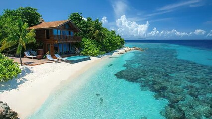 Tropical paradise home overlooks pristine turquoise ocean White sand beach contrasts lush green vegetation perfect for serene vacation getaway