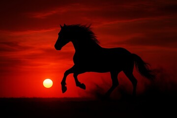 Silhouette of a running horse against a vibrant red sunset, symbolizing strength and freedom. concept of nature, beauty, and serenity in the evening sky.