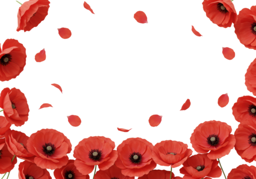 Vibrant red poppy flowers with ruffled petals and dark centers form a floral frame on a transparent background, with individual petals gently falling, captured in ultra-realistic detail with soft