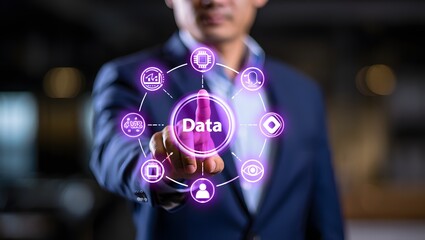 Businessman Interacting with Futuristic Data Interface:  Cloud Computing, AI, and Big Data Analytics Concept.