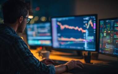 Man wearing glasses analyzing stock market data on multiple computer screens image