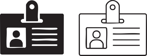 Two simple hand drawn icons representing a black silhouette and a white outline of an identification card with a photo and lines for text