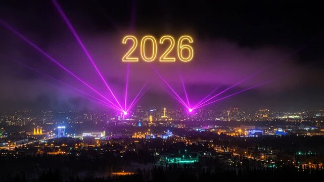 Bright city skyline illuminated with colorful laser beams and glowing 2026 numbers in the night sky. Perfect for New Year celebration, countdown, or holiday event footage.