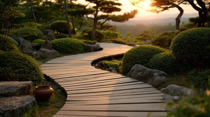 Sunset Serenity Winding Wooden Path Japanese Garden
