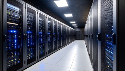 Server racks in a dark, modern data center