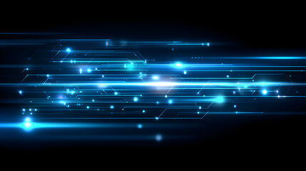 Dynamic abstract tech background with glowing blue lines and digital elements on dark backdrop, creating futuristic and energetic atmosphere