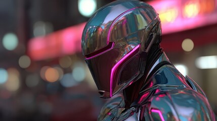 Chrome Robot Neon City Night Futuristic Cyborg