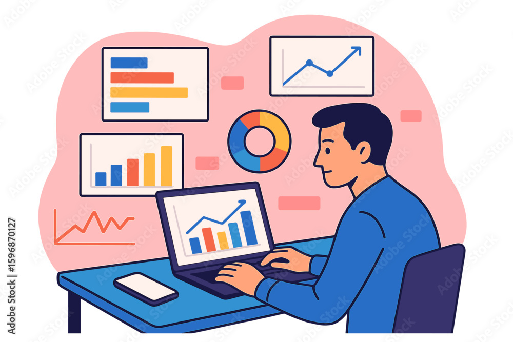 Poster a landing page for data analysis services features an isometric it team working with various analyti