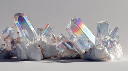 Crystalline ice formations with prismatic light refractions on white surface