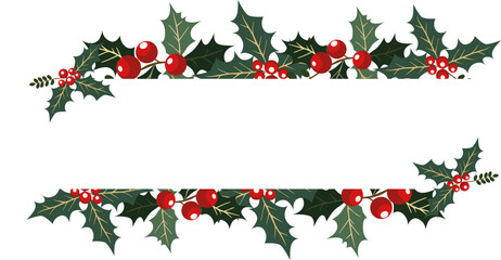 Holly leaves and fruits (Ilex aquifolium). Christmas banner with holly berries. Vector illustration.