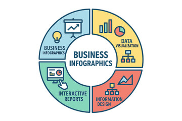 A contemporary infographic template featuring a creative circular design element accompanied by marketing icons, presenting a business concept with four distinct options, steps, or sections