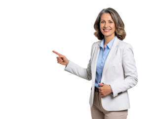 Female teacher pointing at whiteboard PNG
