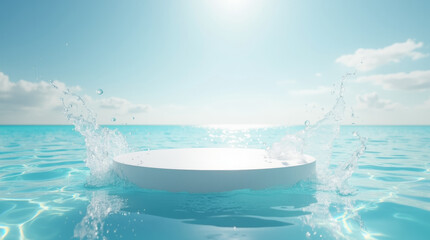 White round podium for product presentation floats in blue transparent sea with splash in sunlight