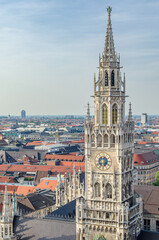 Fototapeta premium Aerial view of the Munich town hall, Bavaria, Germany, neo-Gothic building