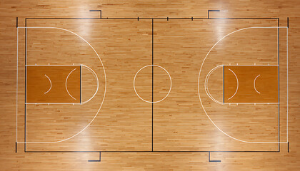 Overhead view of a polished hardwood basketball court with white lines wood floor