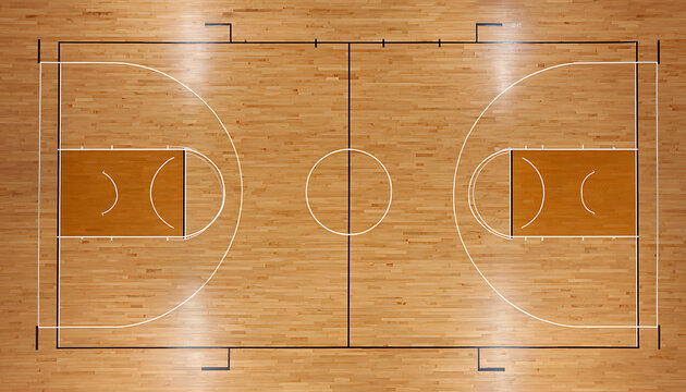 Overhead view of a polished hardwood basketball court with white lines wood floor