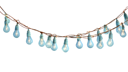 String of Blue Incandescent Bulbs Hanging with Rusty Wire on a Transparent Background