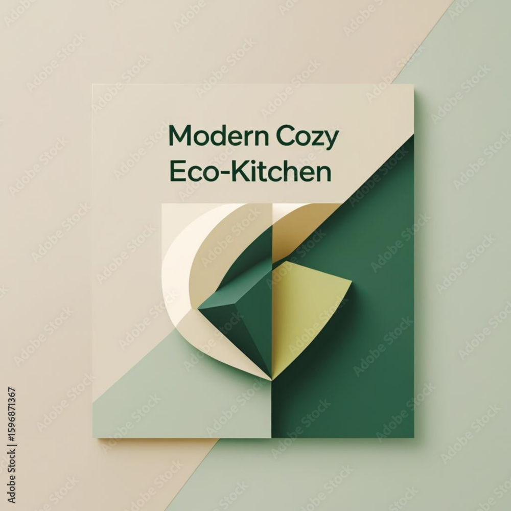 Aufkleber Geometric shapes in shades of green and cream on a square surface with curved elements and text overlay