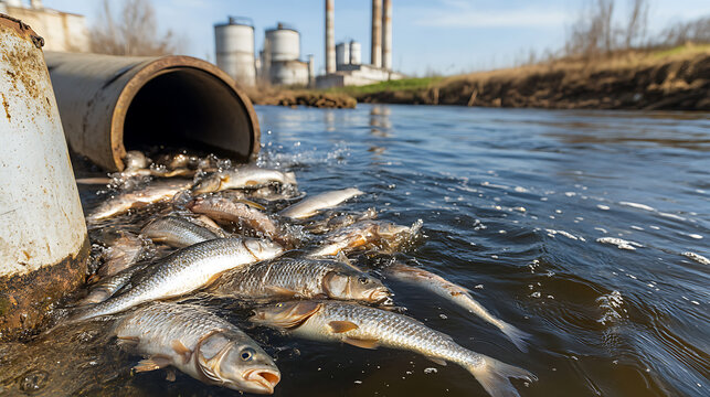 Water pollution impacts aquatic life as dead fish float near a discharge pipe, potentially linked to industrial activity. Environmental concerns are evident.