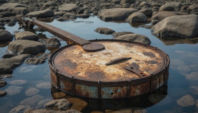 Rusty metal instrument case floats on water, surrounded by rocks. Vintage music instrument case has blue and green hue. Calm, dark water reflects surface. Sky visible in top left.