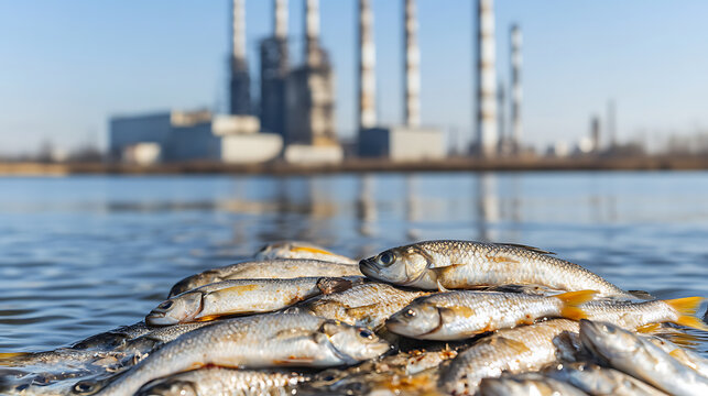 Mass fish death due to water contamination from industrial activity, harming aquatic life and ecosystems. Environmental disaster in aquatic ecosystem.
