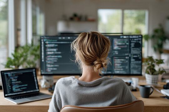 A person from behind, focused on coding at a home office setup with dual screens, surrounded by warm, natural decor, illustrating modern remote work life.

