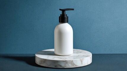 Obraz premium White pump bottle on marble coaster against a teal background.