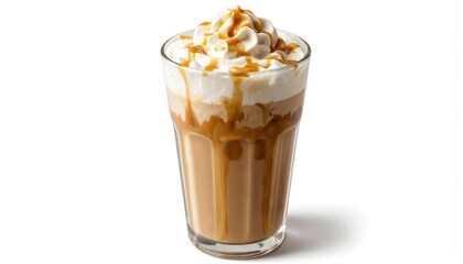 Glass filled with caramel-colored liquid, likely latte or dessert. Caramel-flavored drink with whipped cream and drizzle on white background. Suggests sweet and indulgent treat for social gatherings.