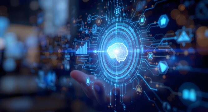 Digital brain hologram in futuristic interface - Powered by Adobe