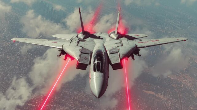 Fighter Jet Firing Lasers Over Cityscape, 4k video footage